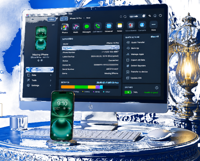 Desktop workstation running iMazing beside a connected iPhone