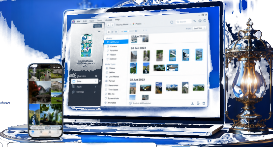 MacBook screen with iMazing open and iPhone showing the photo library