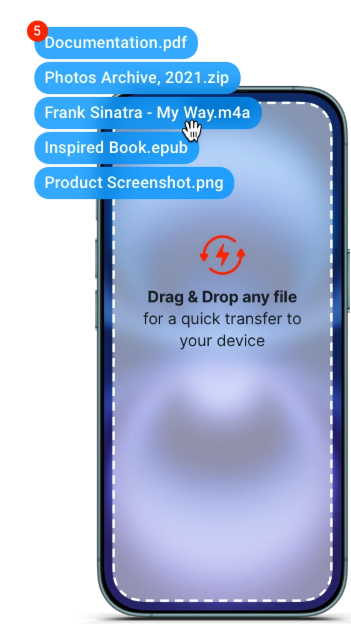 Drag-and-drop documents moving onto an iPhone storage view