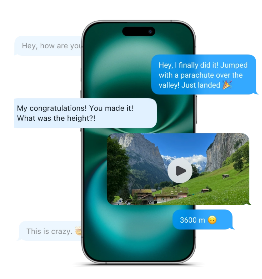 iPhone Messages thread with shared images and a video clip