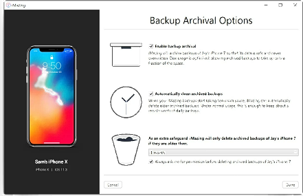 Backup destination picker with phone preview pane